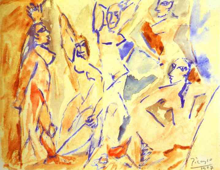 Pablo Picasso, Les Demoiselles d´Avignon (Skisse), (1907) akvarell Pablo Picasso, Les Demoiselles d´Avignon (Skisse), (1907) akvarell