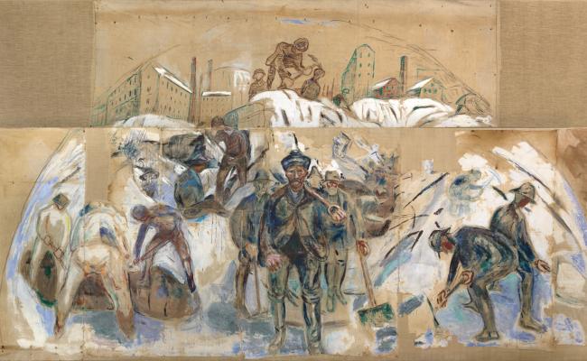 Edvard Munch: Arbeidere på byggeplassen. Utkast til utsmykning av Oslo rådhus. 1931-33